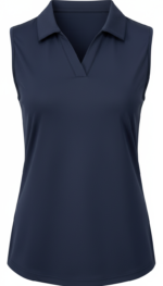 Navy blue sleeveless golf shirt with a V-neck collar, plain design, front view.
