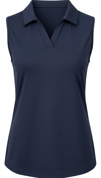 Navy blue sleeveless golf shirt with a V-neck collar, plain design, front view.