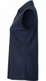 Side view of a navy blue sleeveless golf shirt with a collar and V-neck, smooth shiny fabric.