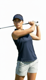 Woman module in a navy blue sleeveless golf shirt and light gray shorts with white piping, mid-swing with a golf club, wearing a navy visor.