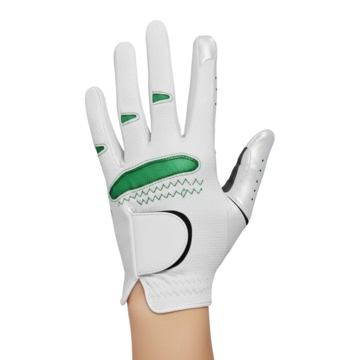 A white women's golf glove with green accents on the back of the hand, shown on a right hand against a white background.