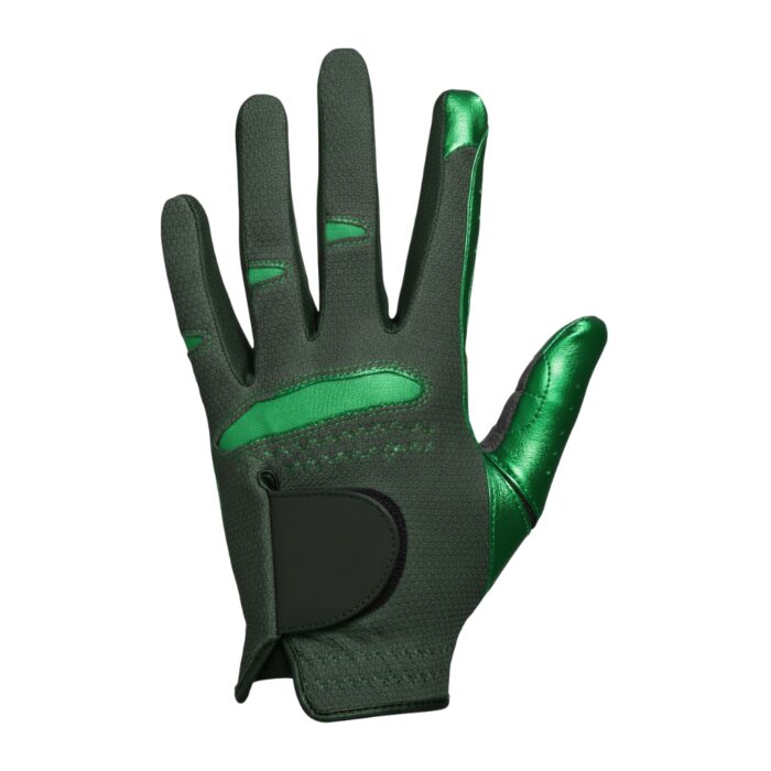 Close-up of a green and black women's golf glove displayed palm-side up on a white background.