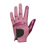 Close-up of a light pink women's golf glove with dark pink accents, shown palm-forward on a white background.