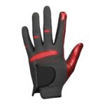 Left-handed women’s golf glove in dark gray with red accents, shown palm-down against a white background.