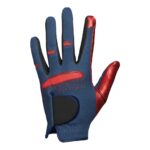 Navy blue left-handed golf glove with red accents on fingertips, palm, and knuckles, shown palm-facing viewer on a white background.