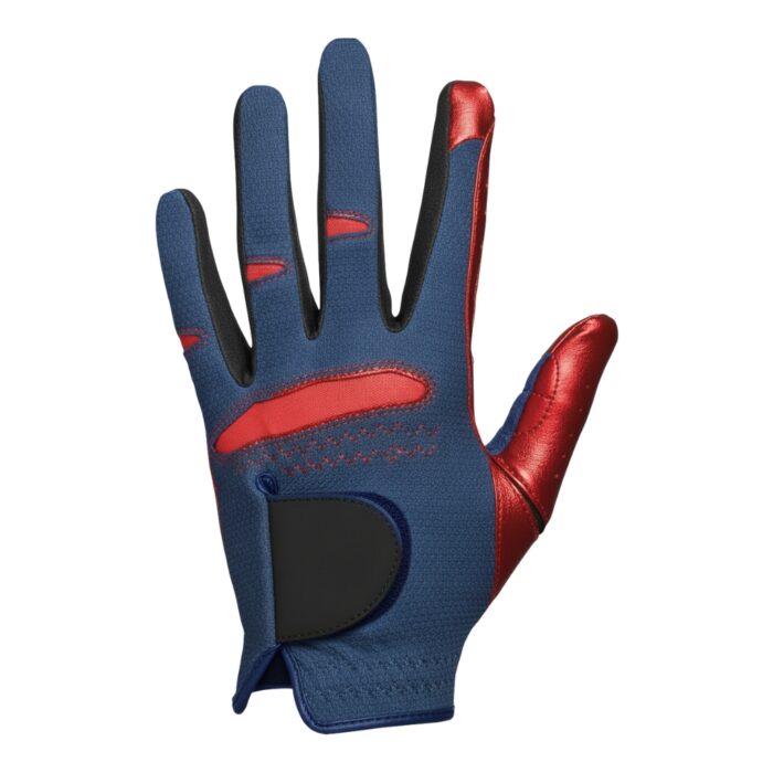 Navy blue left-handed golf glove with red accents on fingertips, palm, and knuckles, shown palm-facing viewer on a white background.