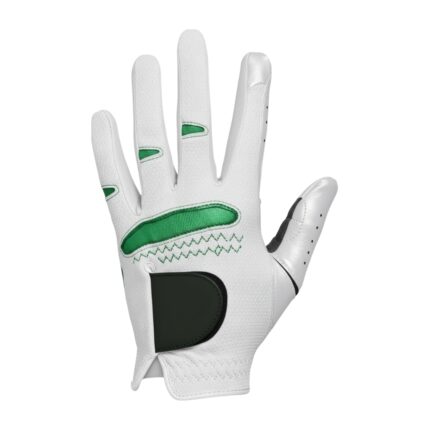 Close-up of a white women's golf glove laid flat, showing green accents on the back and a black knuckle panel.