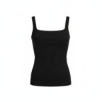 Black ribbed tank top with square neckline and thick straps.