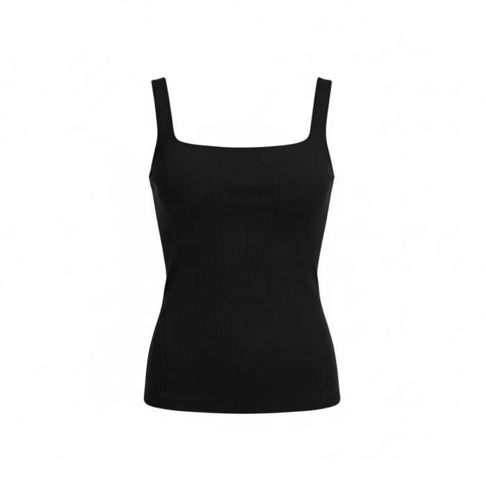 Black ribbed tank top with square neckline and thick straps.
