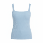 Light blue ribbed women's tank top with thick square straps."