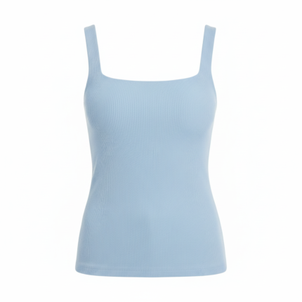 Light blue ribbed women's tank top with thick square straps."