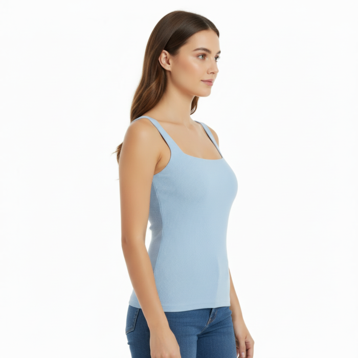 Right side view of a woman wearing a light blue ribbed tank top