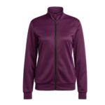 Purple women's tennis jacket with a full black zipper, high neck, and ribbed cuffs. Horizontal stitched details across the upper chest.