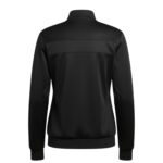 Back view of a black women's tennis jacket with a zip-up front, mock neck collar, and ribbed cuffs and hem. A horizontal stripe runs across the upper back.