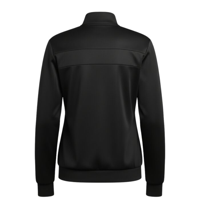 Back view of a black women's tennis jacket with a zip-up front, mock neck collar, and ribbed cuffs and hem. A horizontal stripe runs across the upper back.