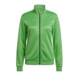 Bright green women's tennis jacket with a black front zipper, high collar, and ribbed cuffs and hem. Subtle horizontal stitching across the chest; white background.