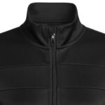 Close-up of a black women's tennis jacket showing a stand-up collar and full front zipper with two horizontal chest stripes.