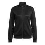 A black women's tennis jacket in a studio shot, zipped up. It has a stand-up collar, horizontal bands across the chest and shoulders, long sleeves with ribbed cuffs, and a ribbed hem. The fabric appears smooth and slightly shiny.