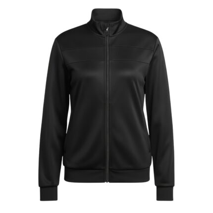 A black women's tennis jacket in a studio shot, zipped up. It has a stand-up collar, horizontal bands across the chest and shoulders, long sleeves with ribbed cuffs, and a ribbed hem. The fabric appears smooth and slightly shiny.