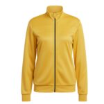 Golden yellow women's tennis jacket with a stand-up collar and full-length black zipper, horizontal chest stripes, and side pockets.