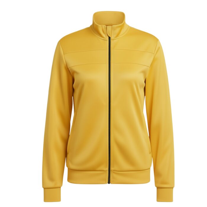 Golden yellow women's tennis jacket with a stand-up collar and full-length black zipper, horizontal chest stripes, and side pockets.