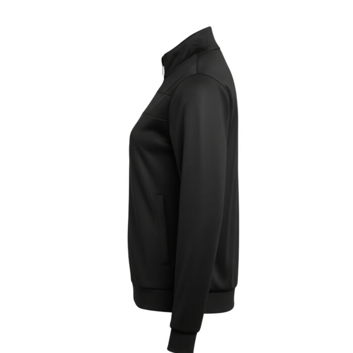 Side view of a black women's tennis jacket with a high collar, zippered front, texture detail, and a left-side pocket. The sleeves have banded cuffs and the hem is banded.