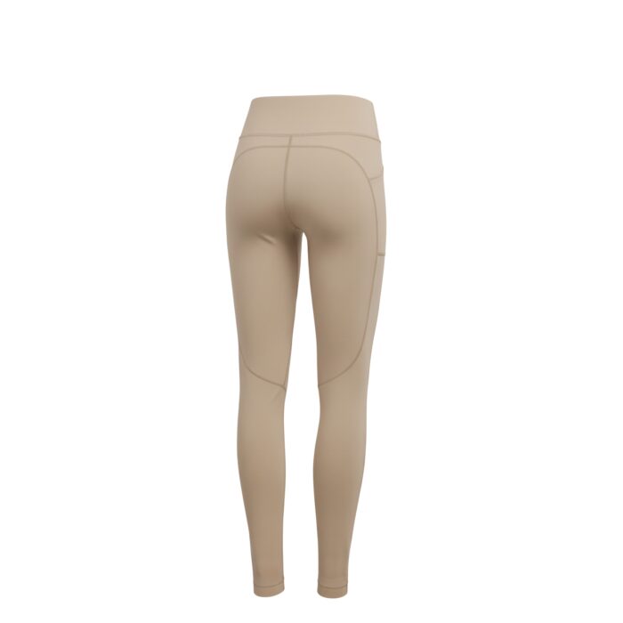Back view of beige women's leggings with a high waistband and curved seam lines; a small pocket is visible on the right side