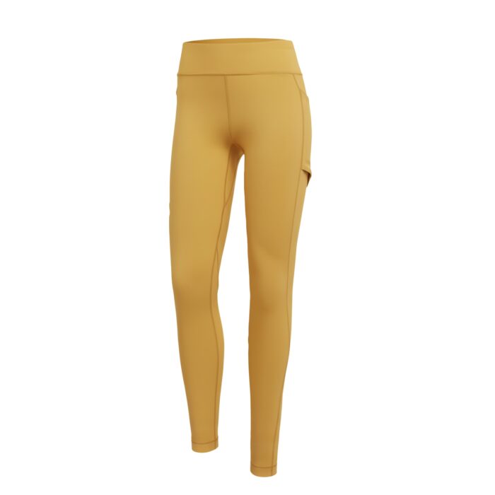Mustard-colored women's tennis leggings, high-waisted, form-fitting with a pocket on the right side, full-length to the ankles, photographed against a plain white background
