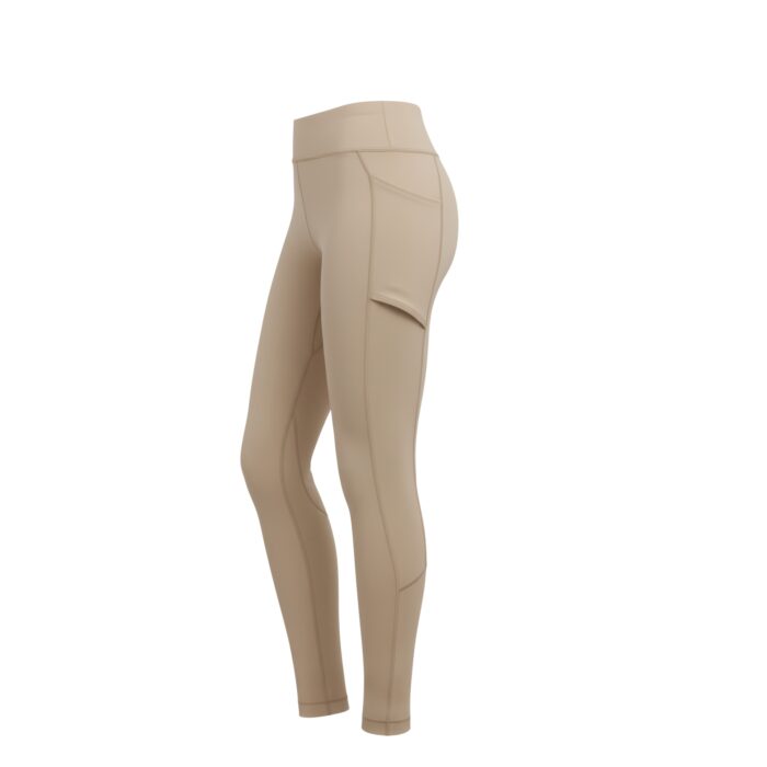 Close-up side view of beige women's leggings with a high waistband, a right-side pocket, and seam lines running down the legs