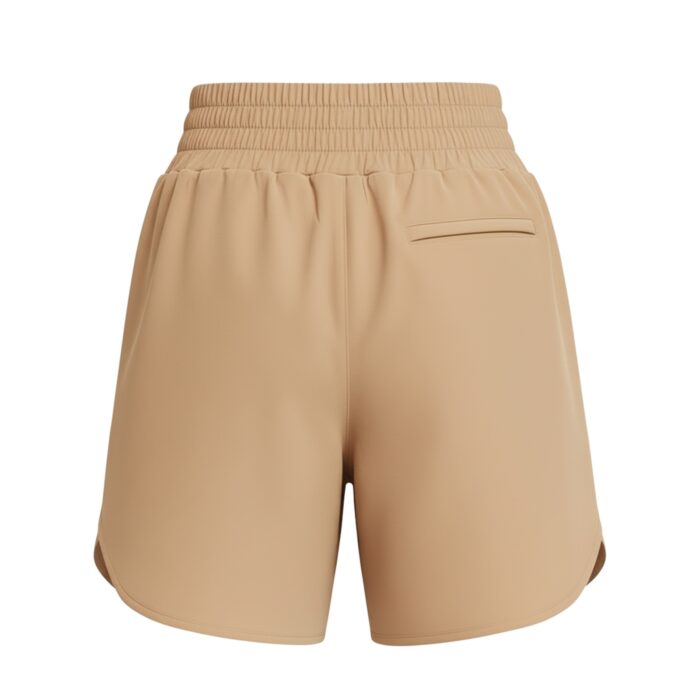 Back view of beige athletic shorts with an elastic waistband, a small pocket on the right side, and a rounded hem