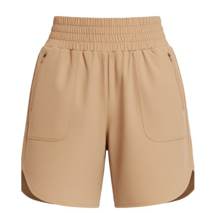 Beige women's athletic tennis shorts with an elastic waistband, front pockets, and curved hems. Some versions feature zippered side pockets; the shorts are displayed against a white background.