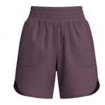 Front view of dark plum women's tennis shorts with an elastic waistband, front pockets, and a curved hem.