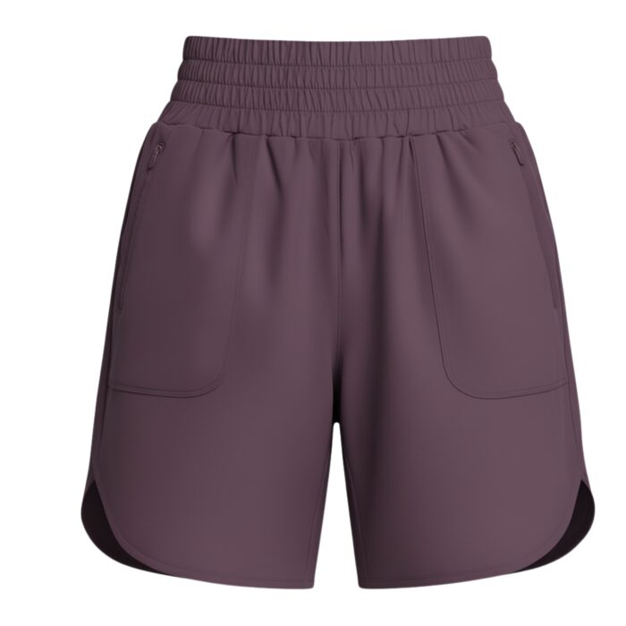 Front view of dark plum women's tennis shorts with an elastic waistband, front pockets, and a curved hem.