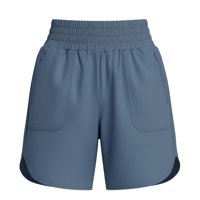 Front view of dark plum women's tennis shorts with an elastic waistband, front pockets, and a curved hem.