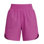 Front view of bright magenta women's tennis shorts with a thick ruched elastic waistband, curved hem, and zippered side pockets against a white background