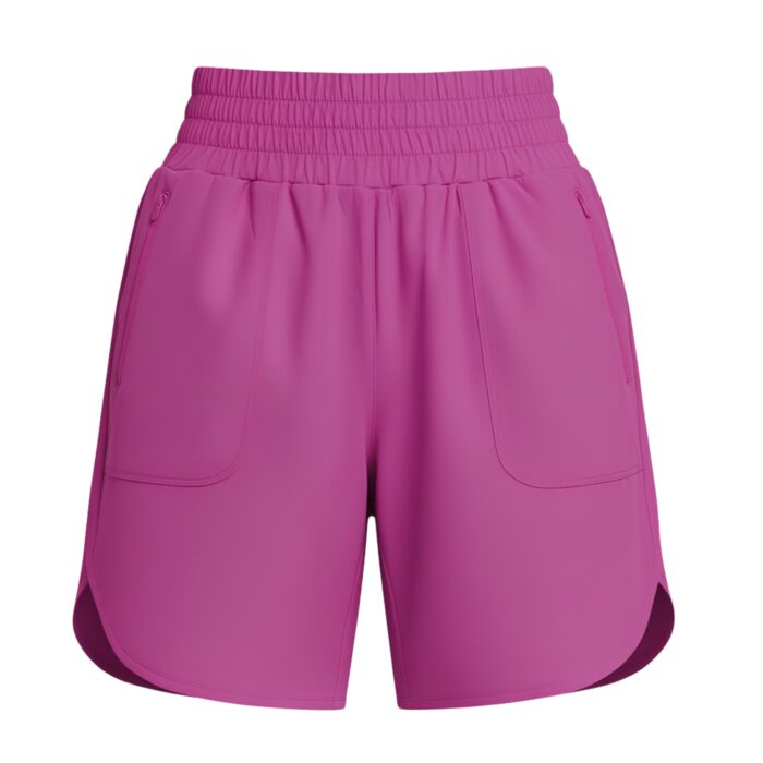Front view of bright magenta women's tennis shorts with a thick ruched elastic waistband, curved hem, and zippered side pockets against a white background