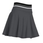 Dark gray women's tennis skort with a wide striped waistband in black, gray, and white displayed on a white background