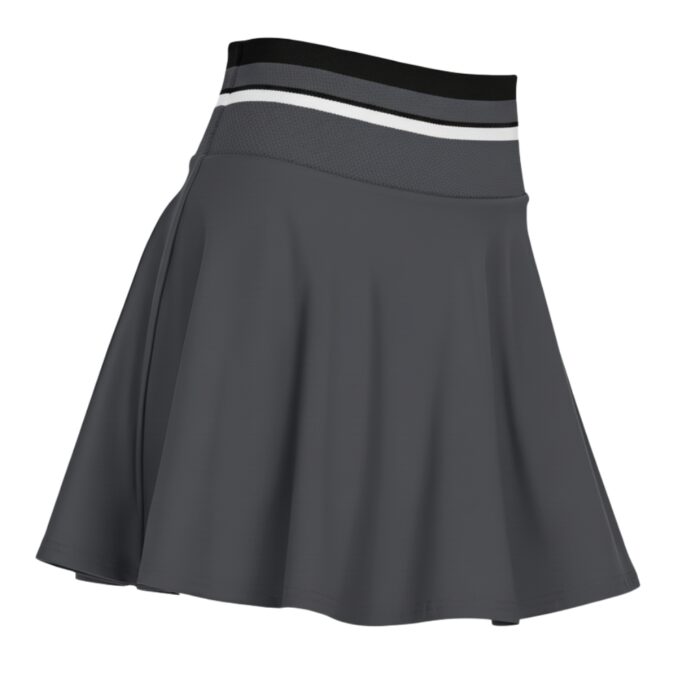 Dark gray women's tennis skort with a wide striped waistband in black, gray, and white displayed on a white background