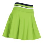 Bright green women's tennis skort with a ribbed navy and white striped waistband on a white background; flared, pleated skirt