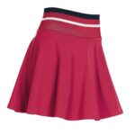 Red women's tennis skort with a wide striped waistband (navy, white, red) on a white background; flared, pleated silhouette and smooth, slightly shiny fabric
