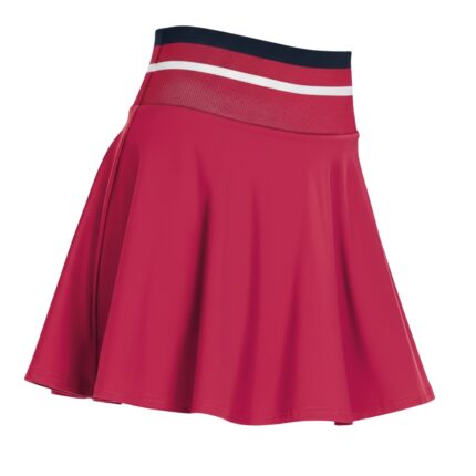 Red women's tennis skort with a wide striped waistband (navy, white, red) on a white background; flared, pleated silhouette and smooth, slightly shiny fabric