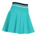 Light blue women's tennis skort with a wide navy, white, and light blue striped waistband; pleated, flowing skirt against a white background