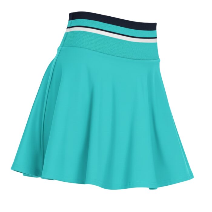 Light blue women's tennis skort with a wide navy, white, and light blue striped waistband; pleated, flowing skirt against a white background