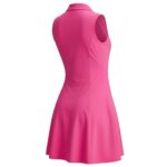Pink sleeveless tennis dress with a collared neck, shown from the back. The dress has a fitted bodice and an A-line skirt, displayed against a white background.