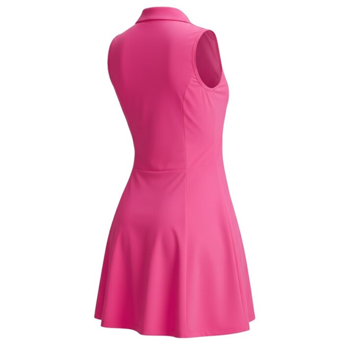 Pink sleeveless tennis dress with a collared neck, shown from the back. The dress has a fitted bodice and an A-line skirt, displayed against a white background.