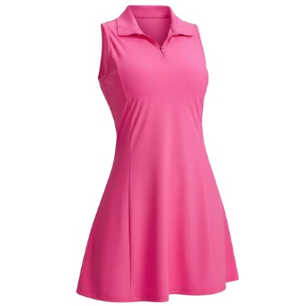 Bright pink women's sleeveless polo dress with collar and short zipper, shown on a white background. The bodice is fitted and transitions to a slightly flared skirt.