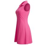 Pink sleeveless tennis dress with a polo-style collar, shown in a side view on a white background. The dress is slim through the torso and flares into a slightly voluminous skirt; fabric appears smooth and slightly shiny.