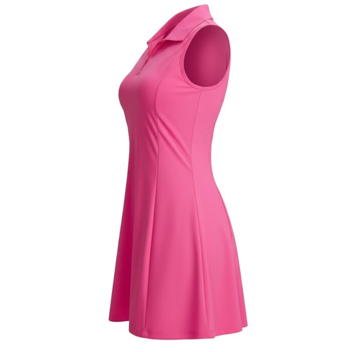 Pink sleeveless tennis dress with a polo-style collar, shown in a side view on a white background. The dress is slim through the torso and flares into a slightly voluminous skirt; fabric appears smooth and slightly shiny.