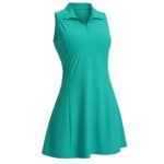 Teal sleeveless tennis dress with a collar and short zipper, shown on a white background. The bodice is fitted and the skirt flares.