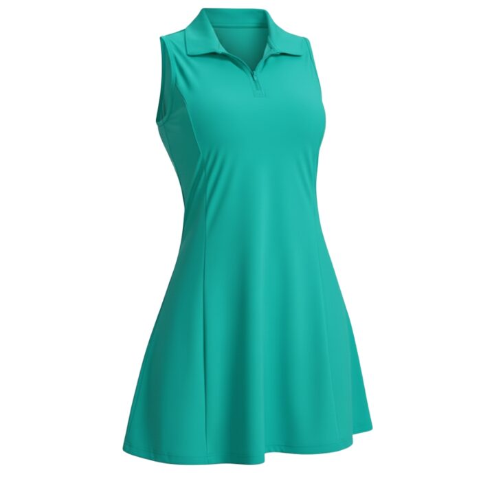 Teal sleeveless tennis dress with a collar and short zipper, shown on a white background. The bodice is fitted and the skirt flares.
